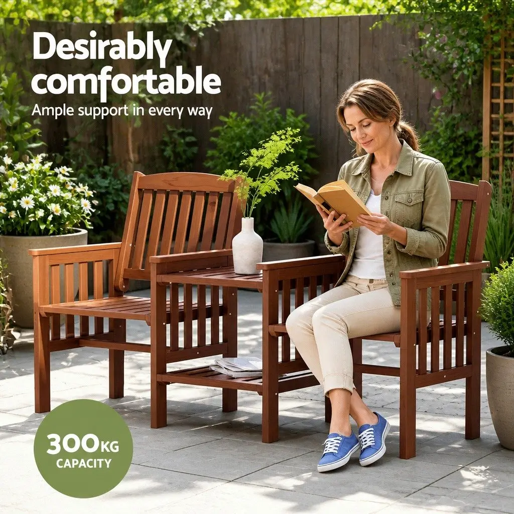 Outdoor Garden Bench 2-Seater Loveseat Wooden with Table Brown