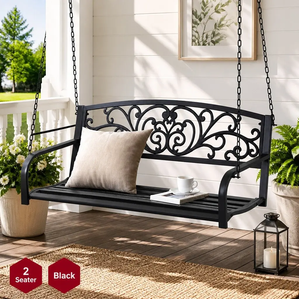2 Seater Outdoor Porch Swing Chair Patio Furniture Metal Chain Backrest Black