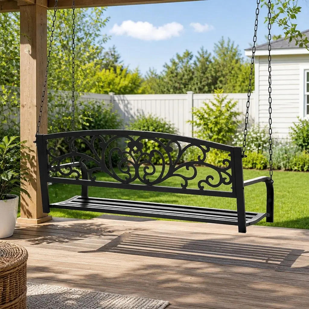 2 Seater Outdoor Porch Swing Chair Patio Furniture Metal Chain Backrest Black