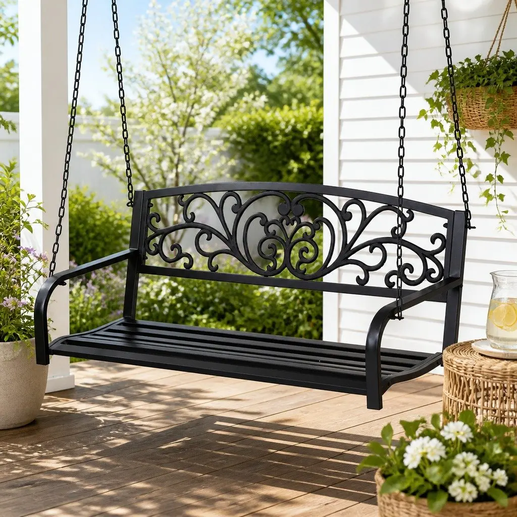 2 Seater Outdoor Porch Swing Chair Patio Furniture Metal Chain Backrest Black