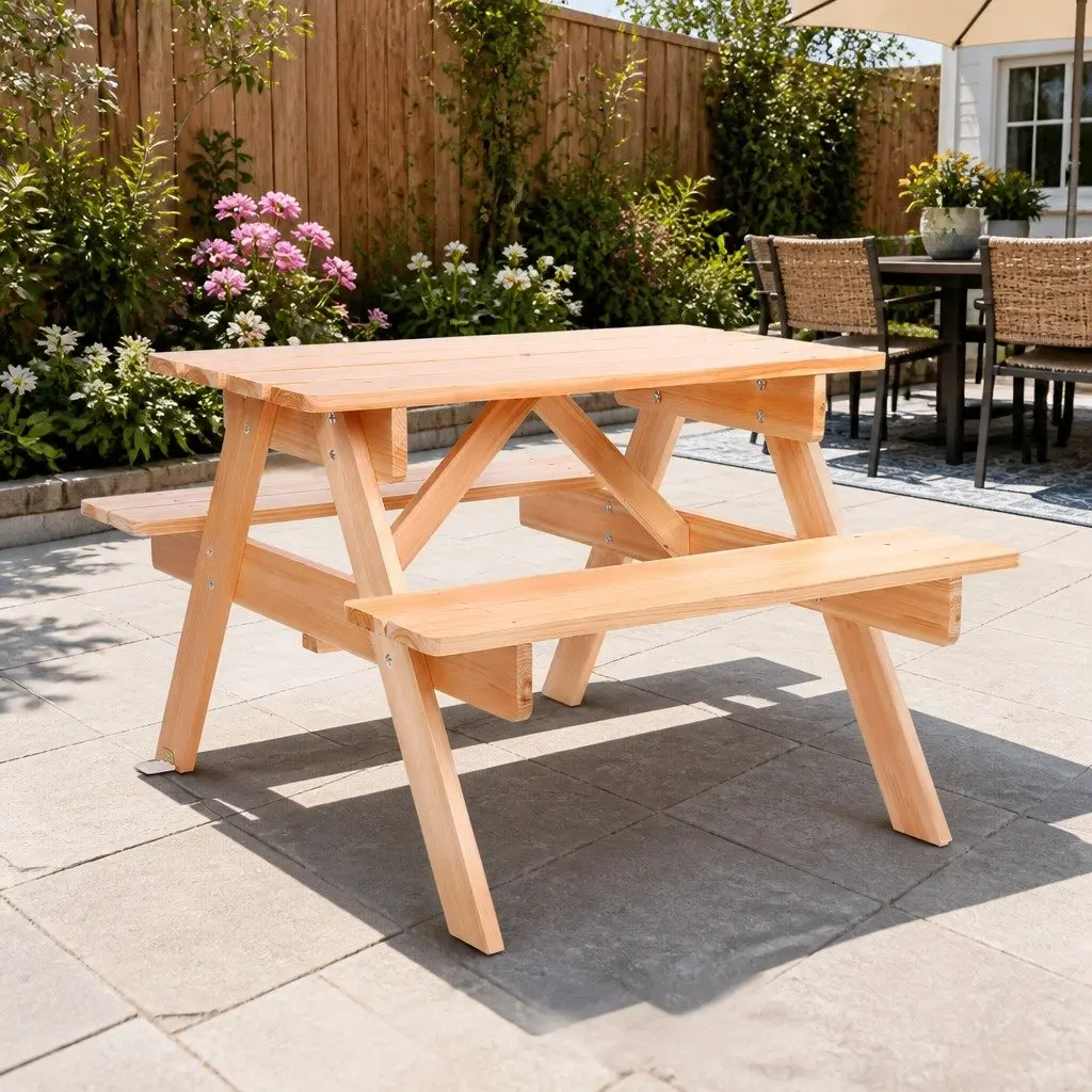 Kids Picnic Table and Bench Set Wooden Outdoor Dining Furniture Natural Fir Wood 75 x 40 cm