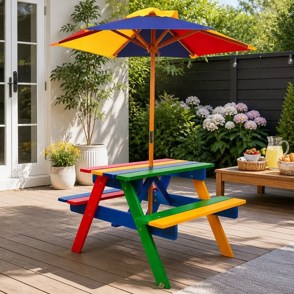 Kids Wooden Picnic Table Set Multicoloured with Umbrella 75cm L x 40cm W x 54cm H