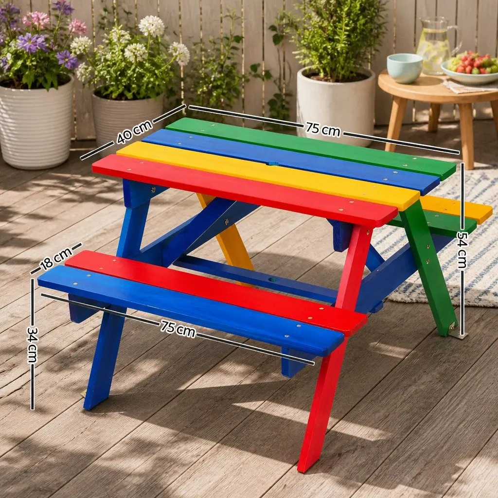 Kids Wooden Picnic Table Set Multicoloured with Umbrella 75cm L x 40cm W x 54cm H