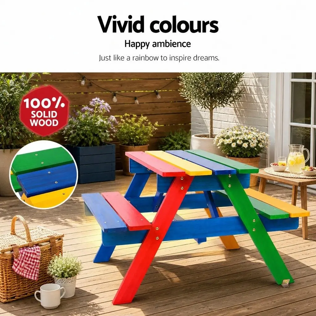 Kids Wooden Picnic Table Set Multicoloured with Umbrella 75cm L x 40cm W x 54cm H