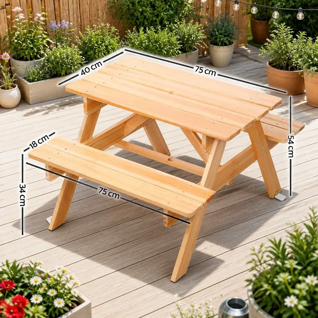 Kids Wooden Picnic Table Set with Umbrella Natural Wood 75 cm