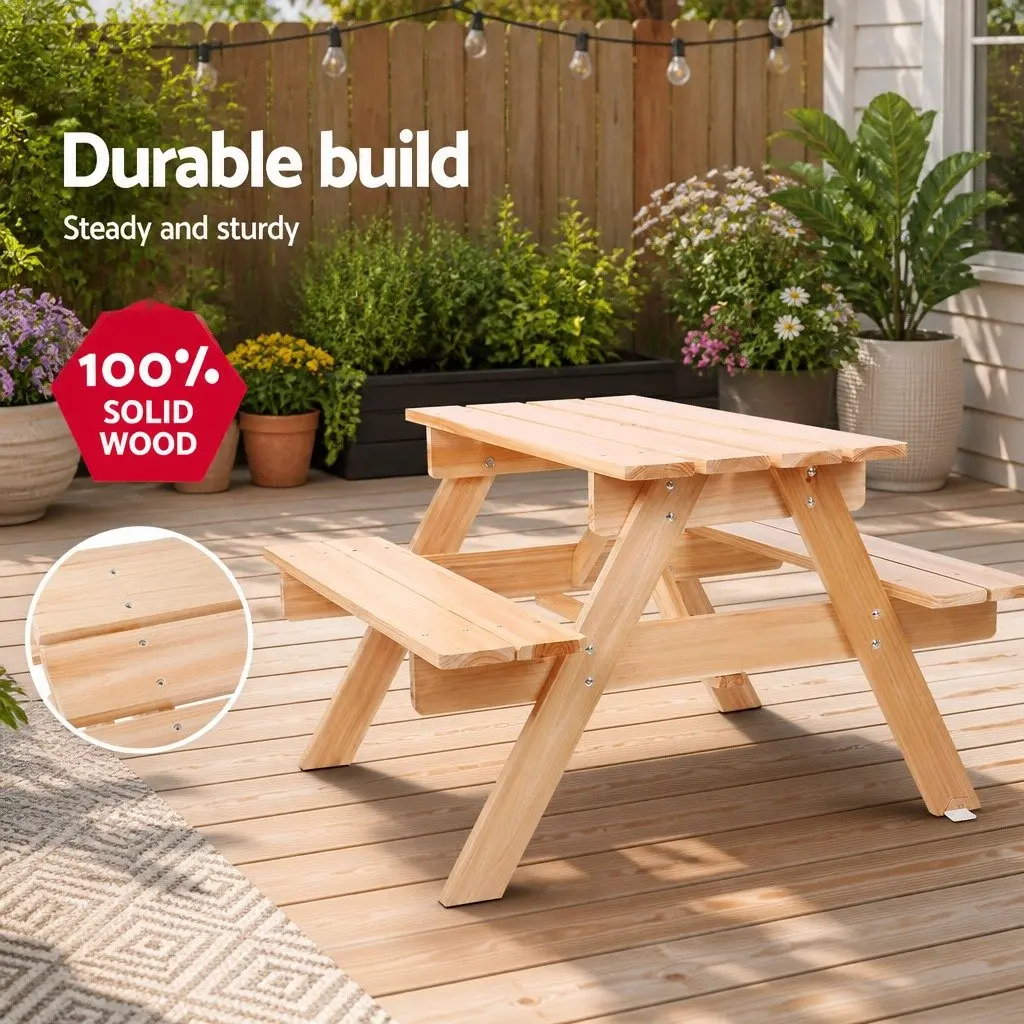 Kids Wooden Picnic Table Set with Umbrella Natural Wood 75 cm