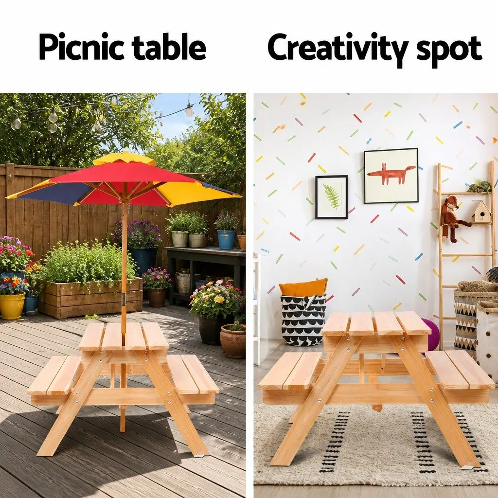 Kids Wooden Picnic Table Set with Umbrella Natural Wood 75 cm