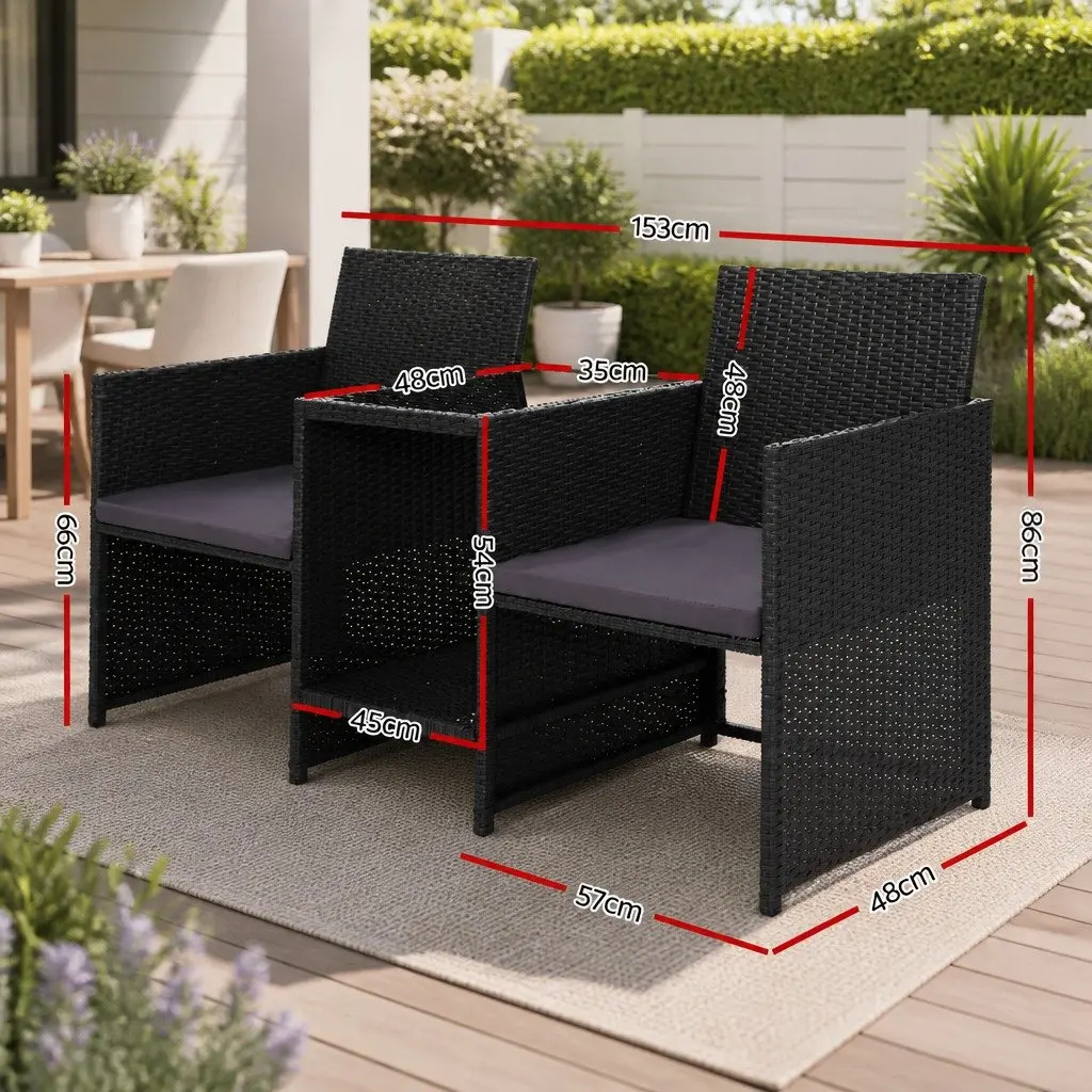 Outdoor Wicker Loveseat Bistro Set Patio Garden Tete-a-Tete Furniture Black