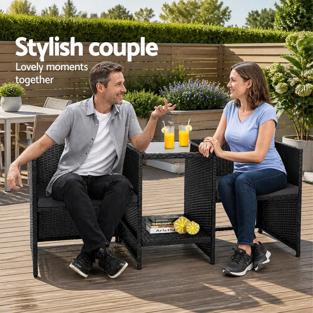 Outdoor Wicker Loveseat Bistro Set Patio Garden Tete-a-Tete Furniture Black