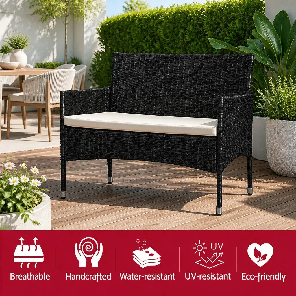 Outdoor Wicker Loveseat Bistro Set Patio Garden Tete-a-Tete Furniture Black