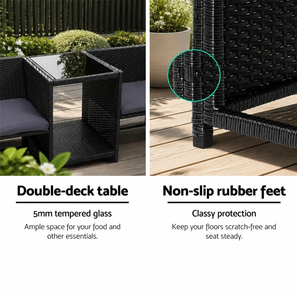 Outdoor Wicker Loveseat Bistro Set Patio Garden Tete-a-Tete Furniture Black