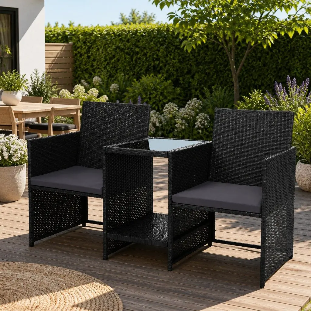 Outdoor Wicker Loveseat Bistro Set Patio Garden Tete-a-Tete Furniture Black
