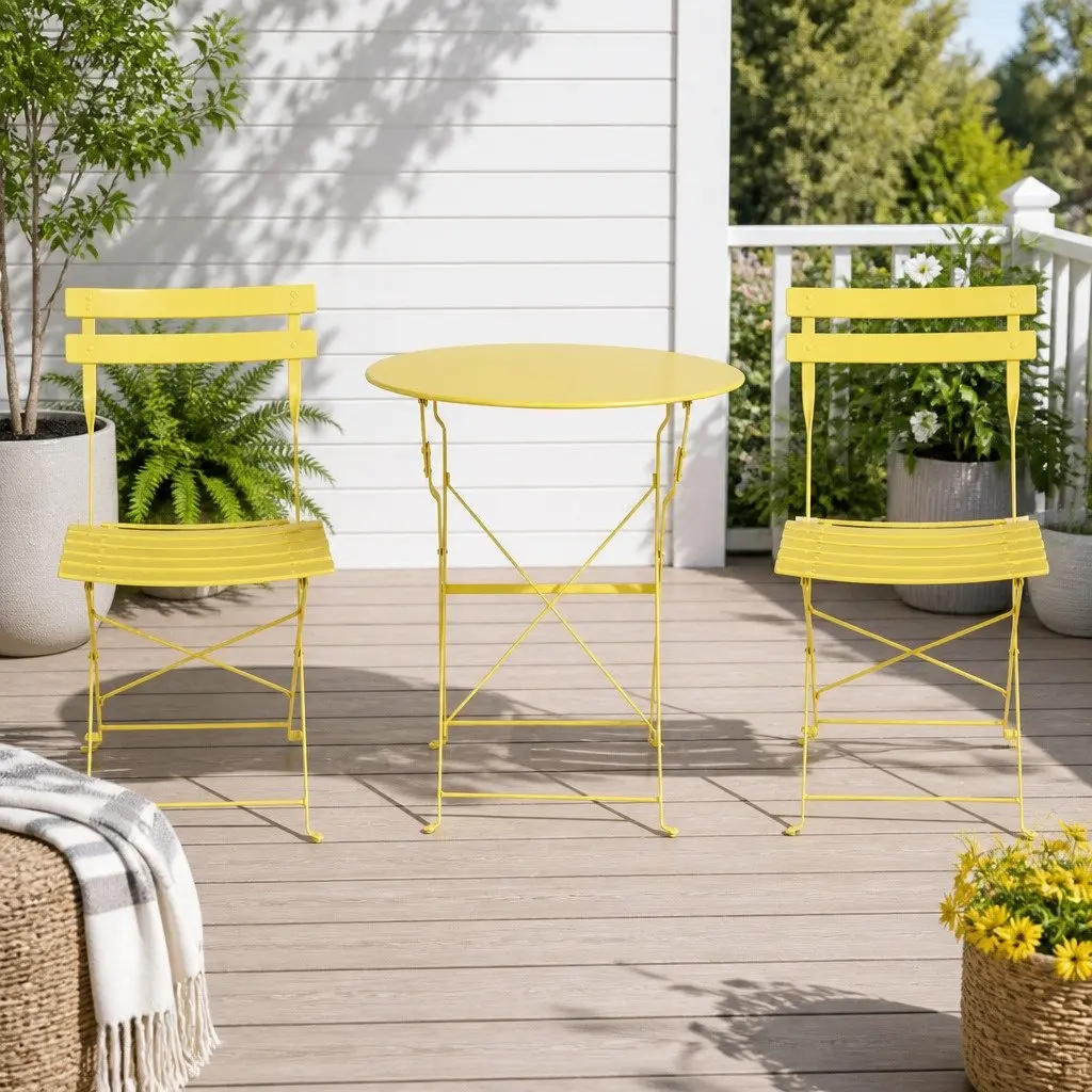 Outdoor Bistro Set Foldable Steel Table and Chairs Yellow 3 Piece
