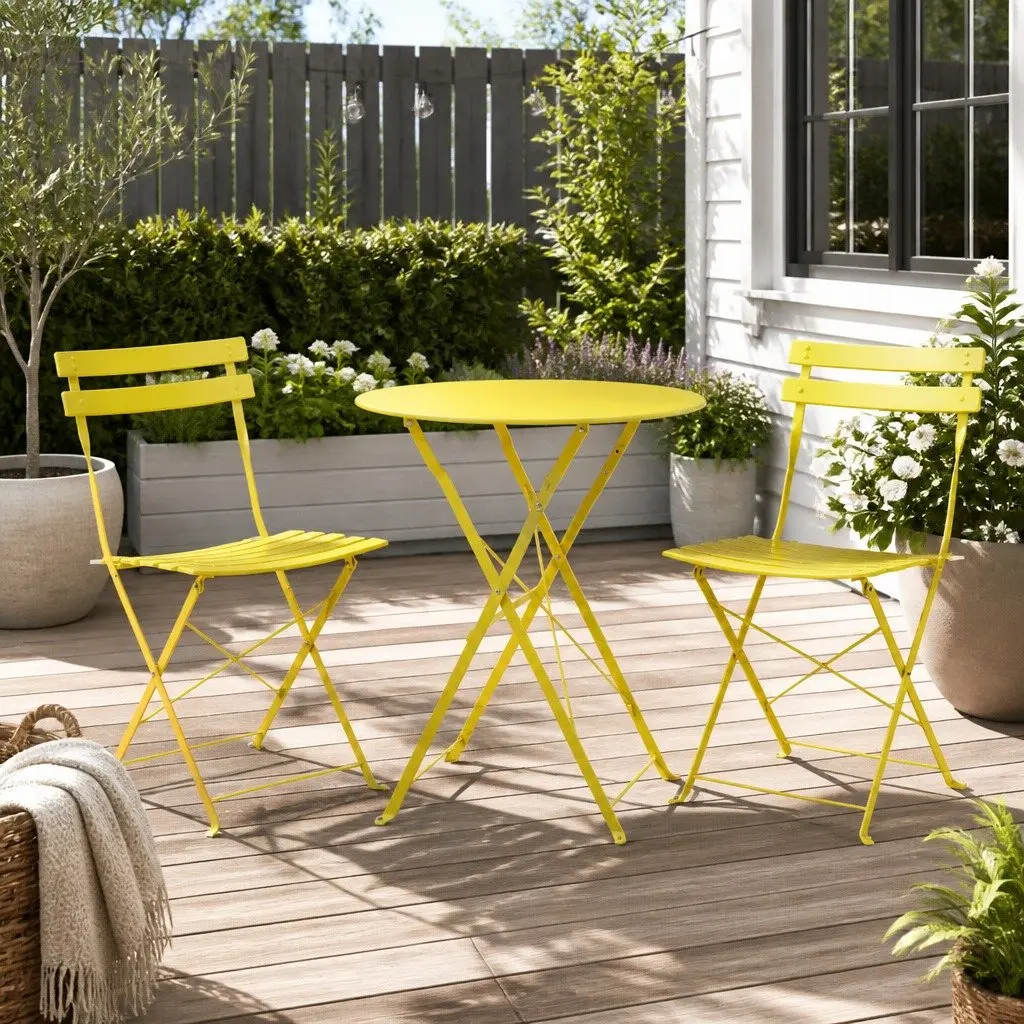 Outdoor Bistro Set Foldable Steel Table and Chairs Yellow 3 Piece
