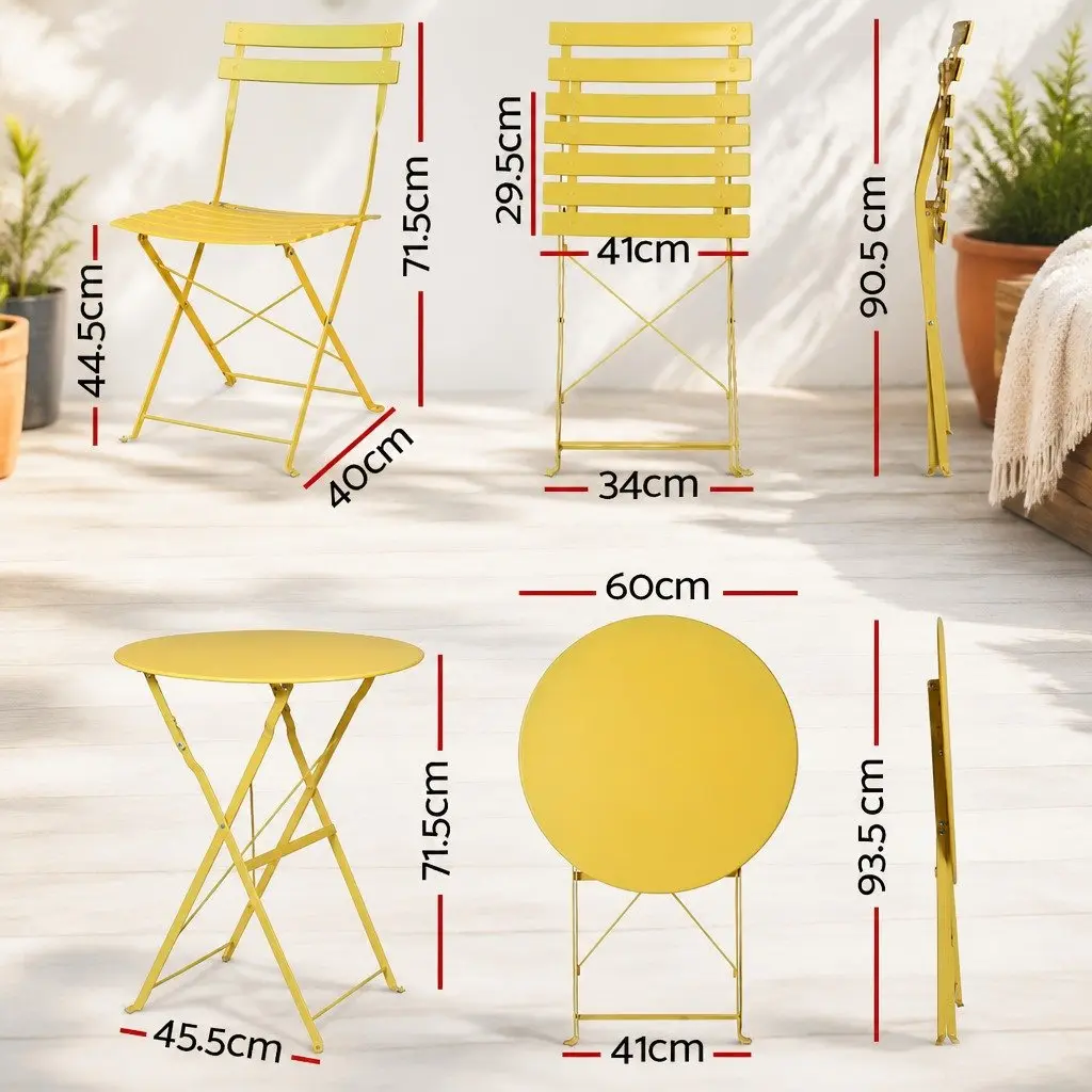 Outdoor Bistro Set Foldable Steel Table and Chairs Yellow 3 Piece