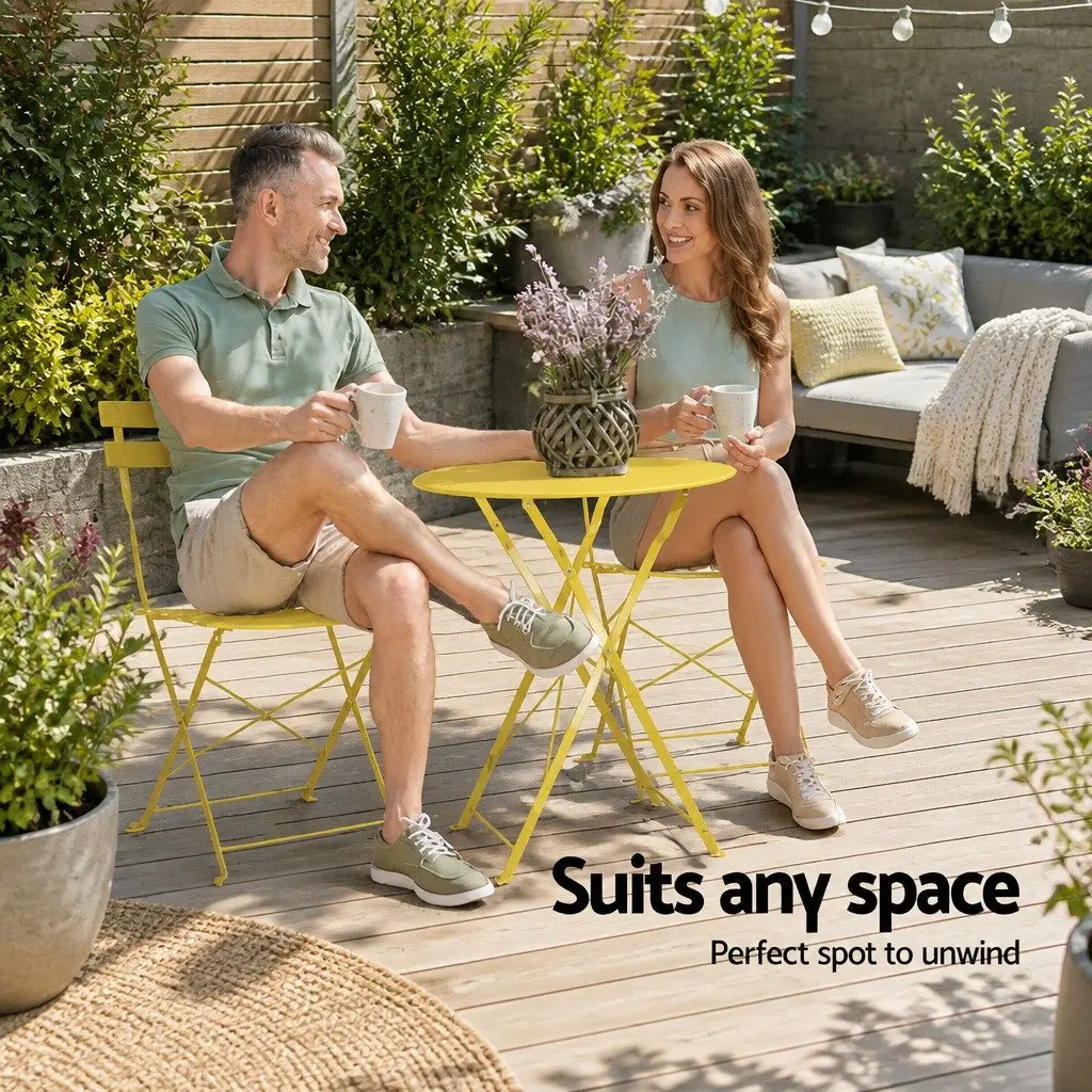 Outdoor Bistro Set Foldable Steel Table and Chairs Yellow 3 Piece