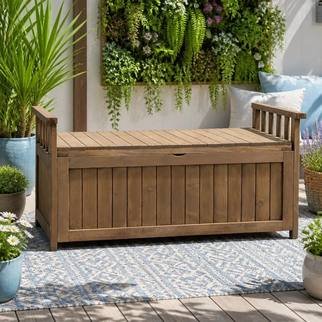 Outdoor Storage Bench Box Wooden Garden Patio Furniture Brown 106cm x 60cm x 51.5cm