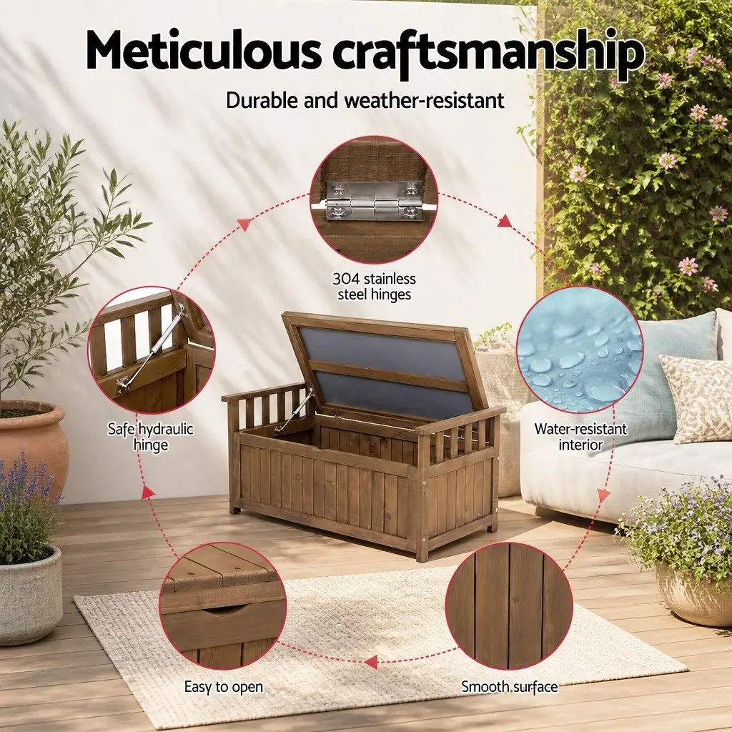 Outdoor Storage Bench Box Wooden Garden Patio Furniture Brown 106cm x 60cm x 51.5cm
