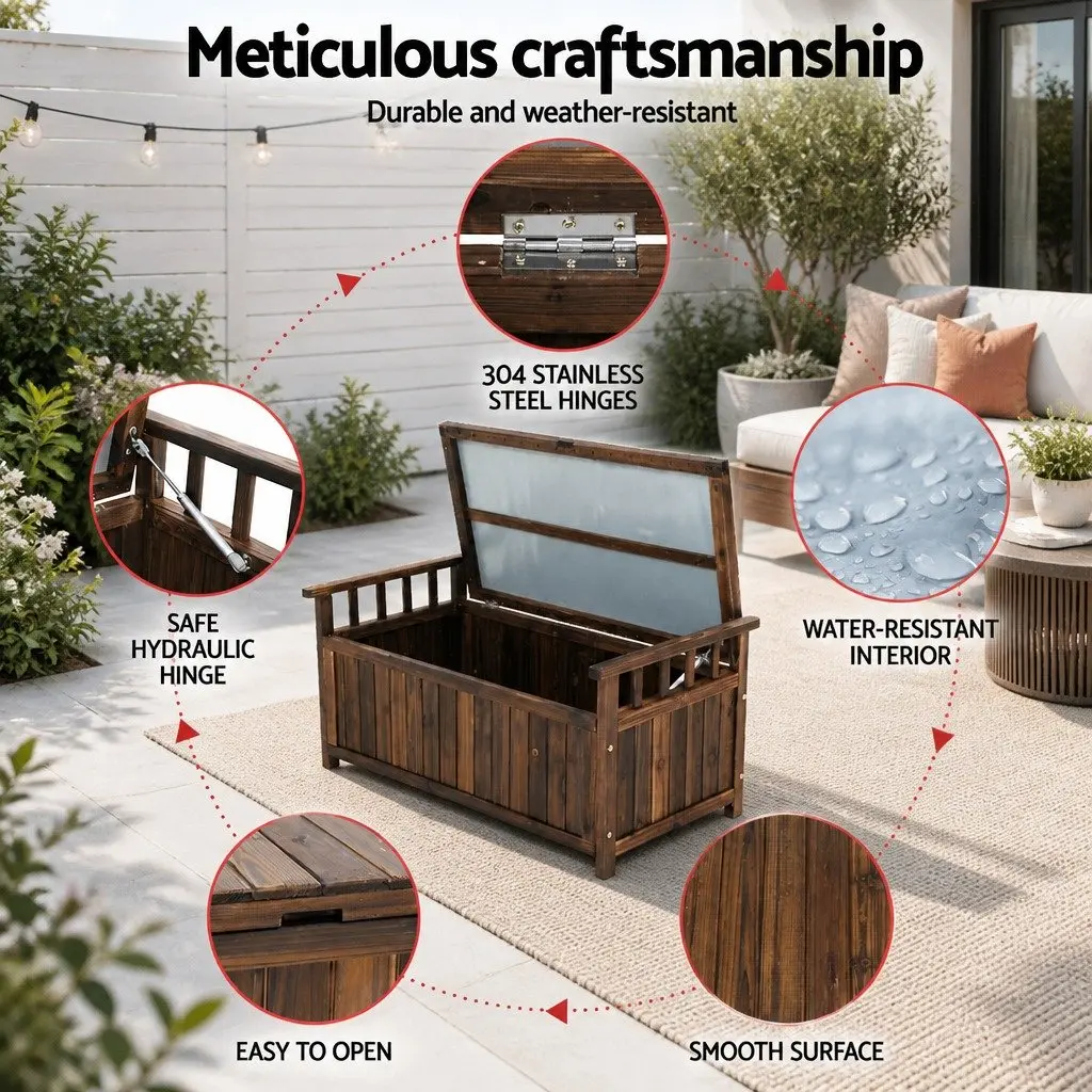 Outdoor Storage Bench Box Wooden Garden Patio Furniture Charcoal Seat Deck Box