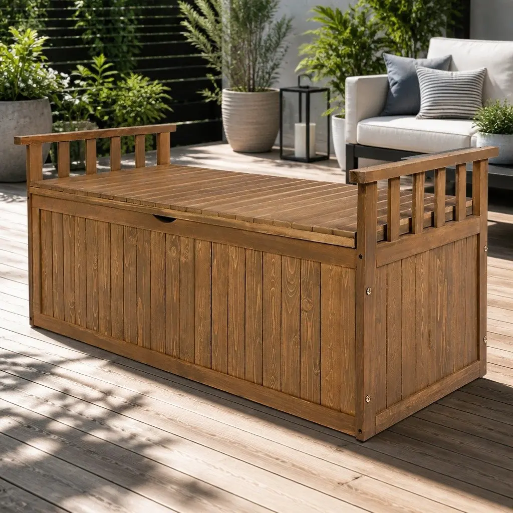 Outdoor Storage Bench Box Wooden 129cm Garden Chest Seat Natural