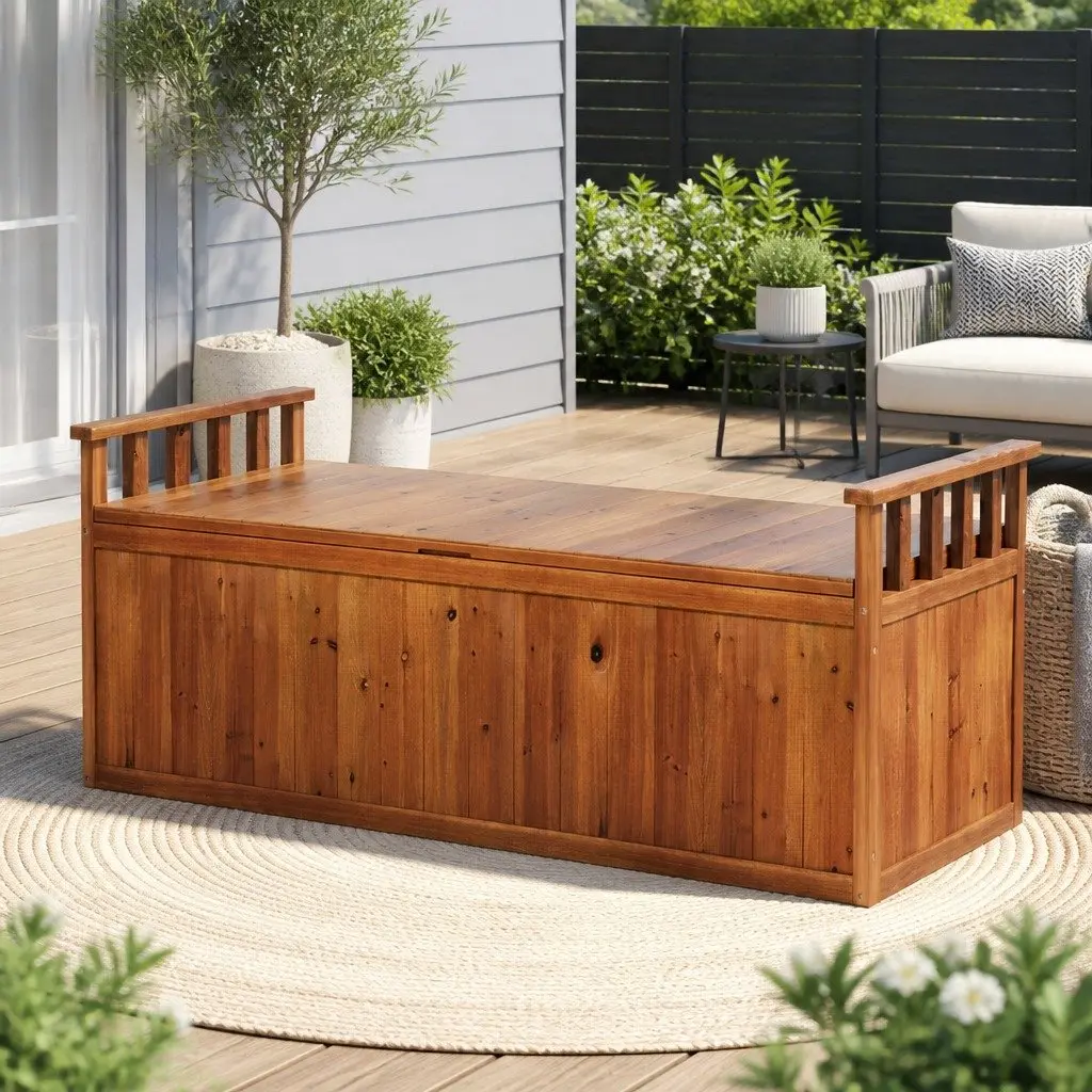 Outdoor Storage Bench Box Wooden 129cm Garden Chest Seat Natural