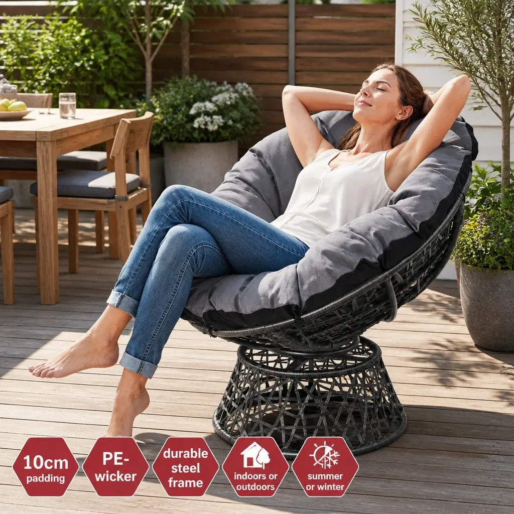Papasan Chair Rotatable Outdoor Wicker Patio Furniture Black 85cm x 73cm x 89cm