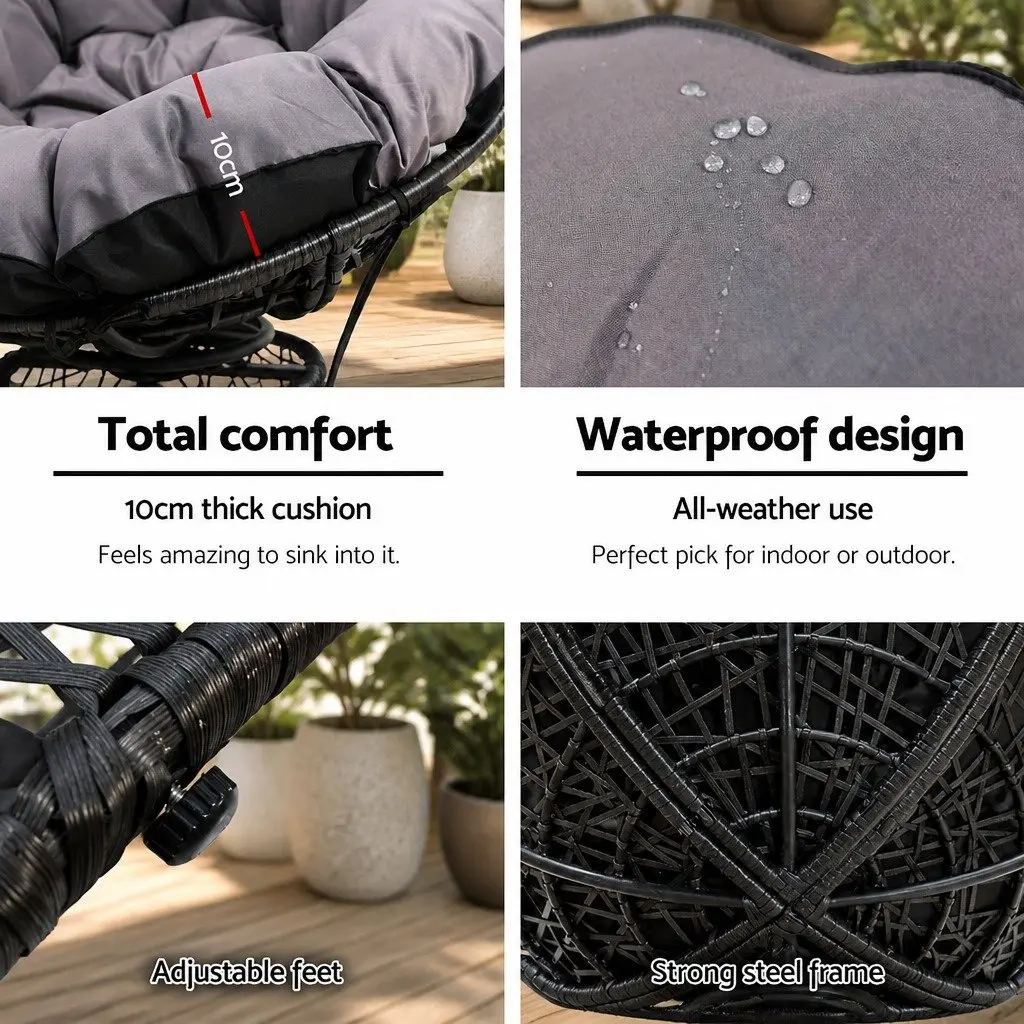 Papasan Chair Rotatable Outdoor Wicker Patio Furniture Black 85cm x 73cm x 89cm