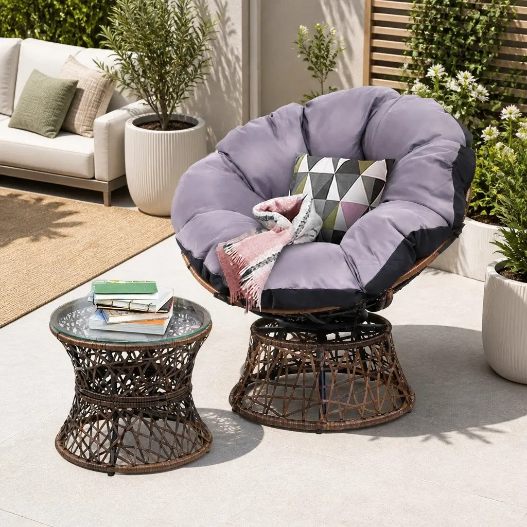 Papasan Chair and Side Table Set Rotatable PE Wicker 85cm x 73cm x 89cm Brown