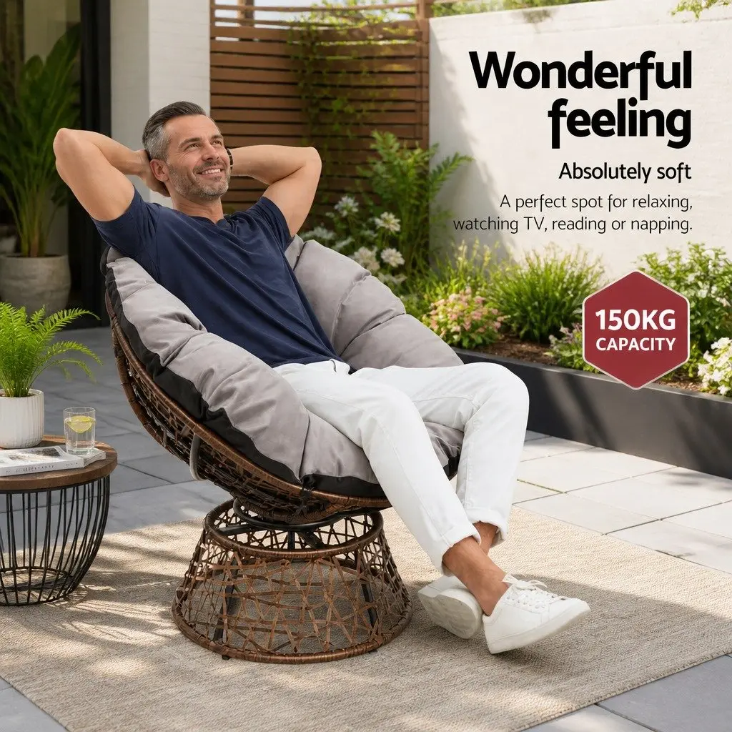 Papasan Chair and Side Table Set Rotatable PE Wicker 85cm x 73cm x 89cm Brown