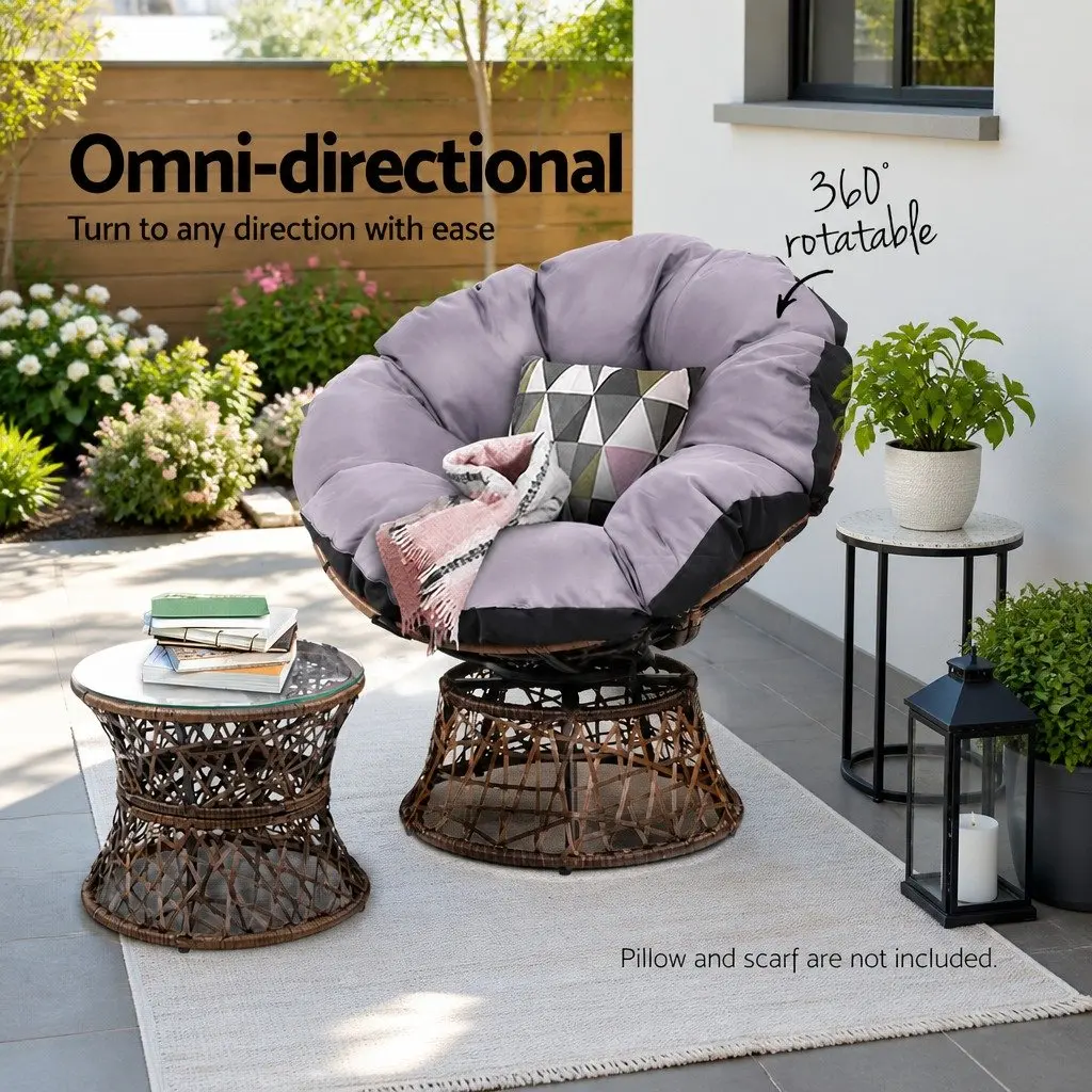 Papasan Chair and Side Table Set Rotatable PE Wicker 85cm x 73cm x 89cm Brown