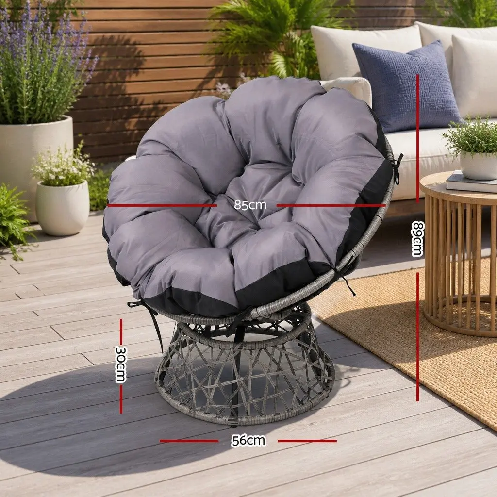 Papasan Chair and Side Table Set Outdoor Garden Lounge Furniture Grey Wicker 360 Degree Rotatable Chair with Water Resistant Cushion and Tempered