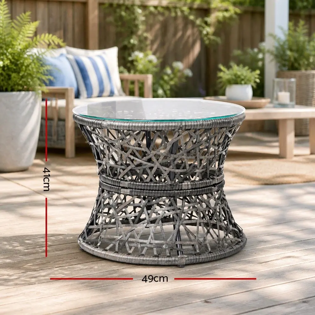 Papasan Chair and Side Table Set Outdoor Garden Lounge Furniture Grey Wicker 360 Degree Rotatable Chair with Water Resistant Cushion and Tempered