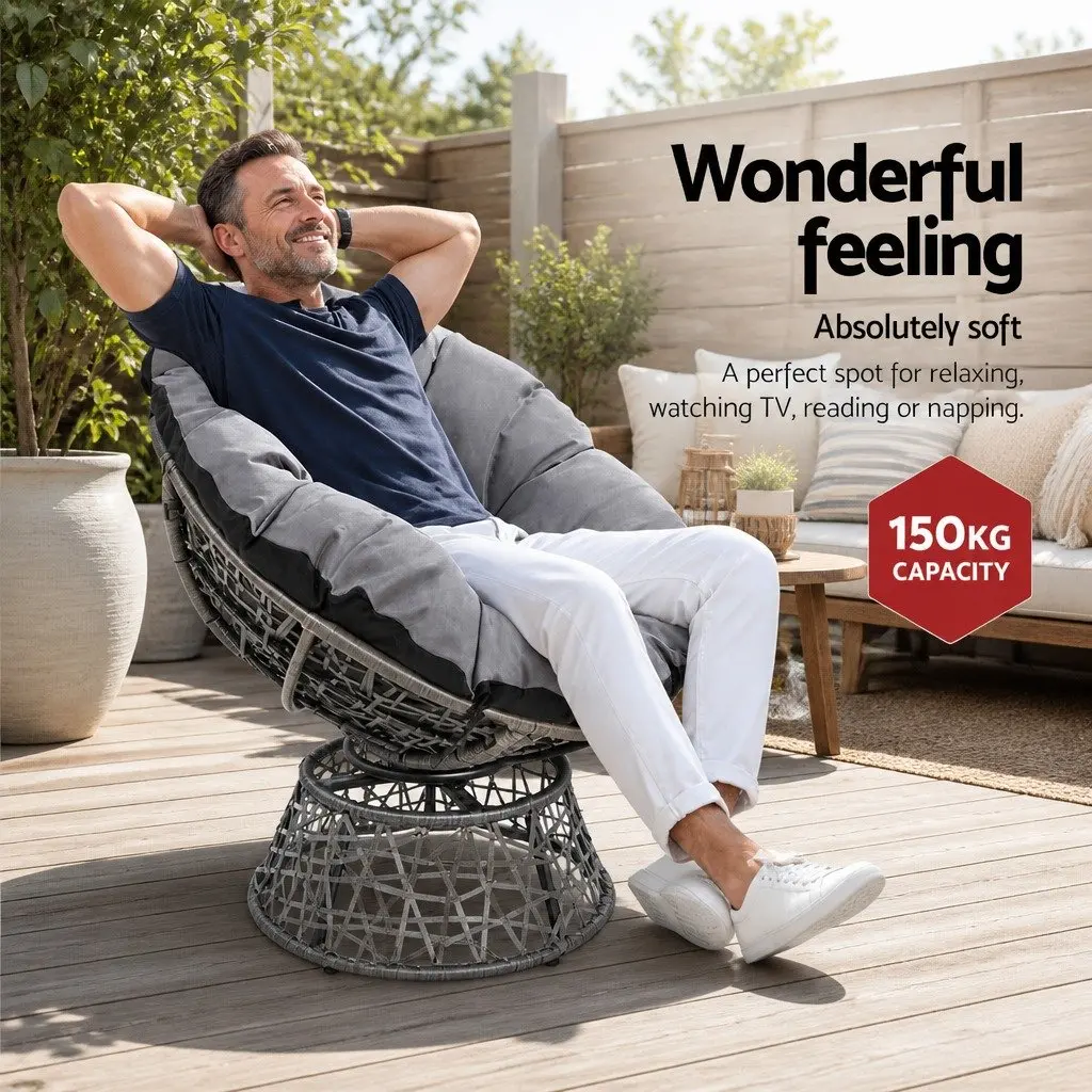 Papasan Chair and Side Table Set Outdoor Garden Lounge Furniture Grey Wicker 360 Degree Rotatable Chair with Water Resistant Cushion and Tempered