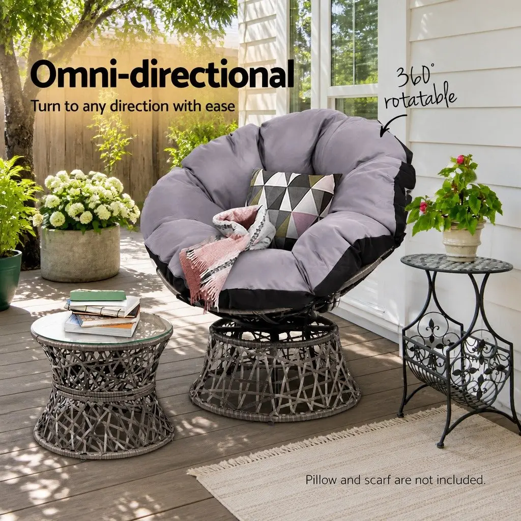 Papasan Chair and Side Table Set Outdoor Garden Lounge Furniture Grey Wicker 360 Degree Rotatable Chair with Water Resistant Cushion and Tempered