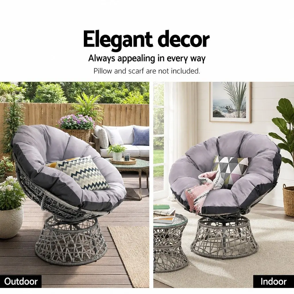 Papasan Chair and Side Table Set Outdoor Garden Lounge Furniture Grey Wicker 360 Degree Rotatable Chair with Water Resistant Cushion and Tempered