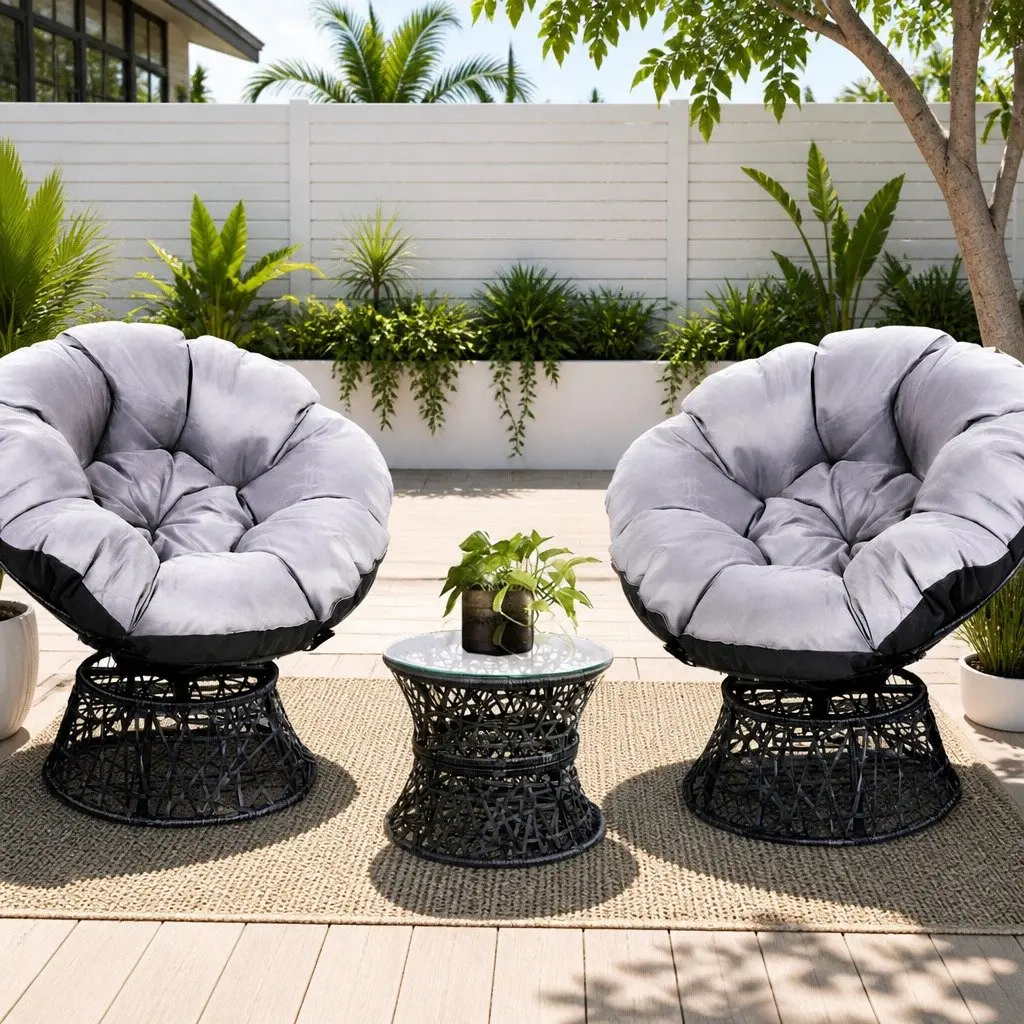 Papasan Chair and Side Table Set Outdoor Wicker Lounge Furniture Black