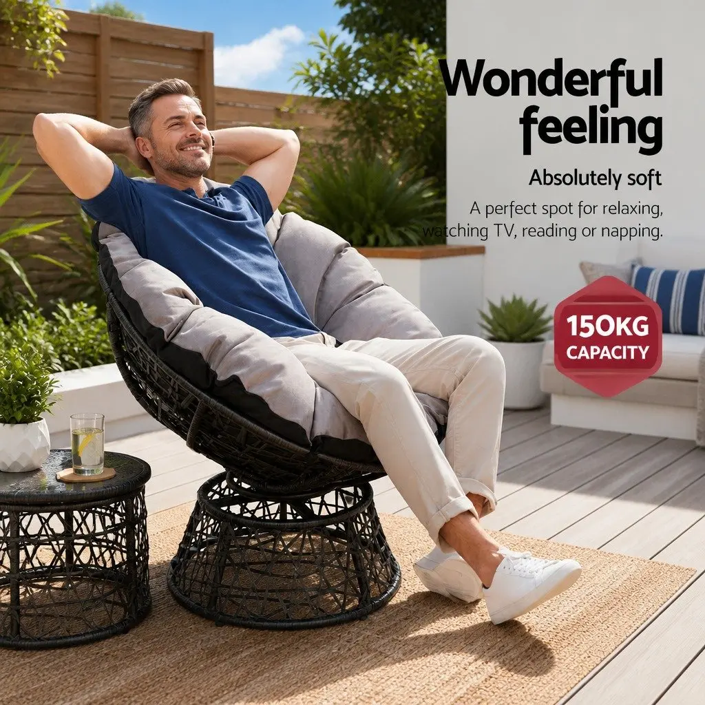 Papasan Chair and Side Table Set Outdoor Wicker Lounge Furniture Black