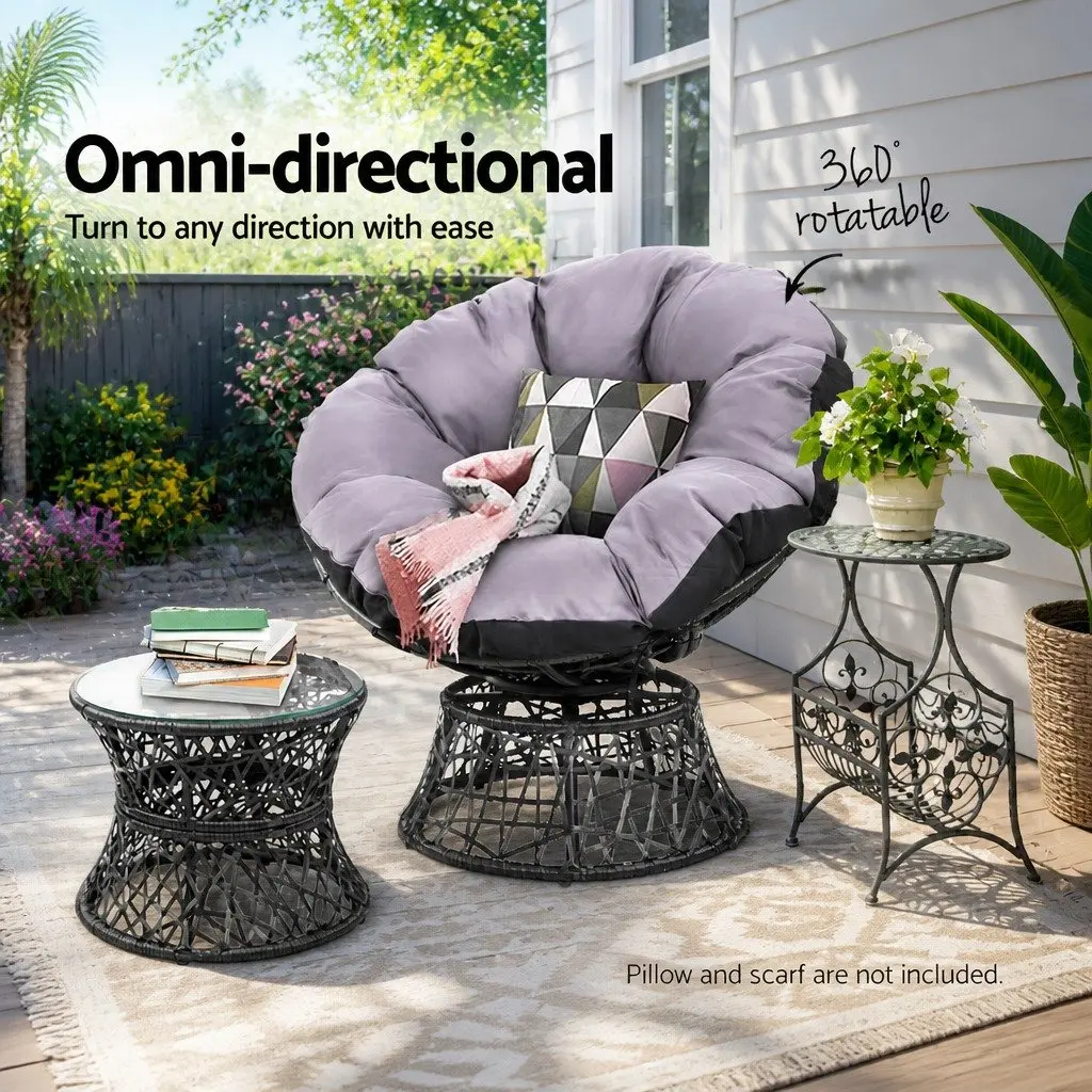 Papasan Chair and Side Table Set Outdoor Wicker Lounge Furniture Black