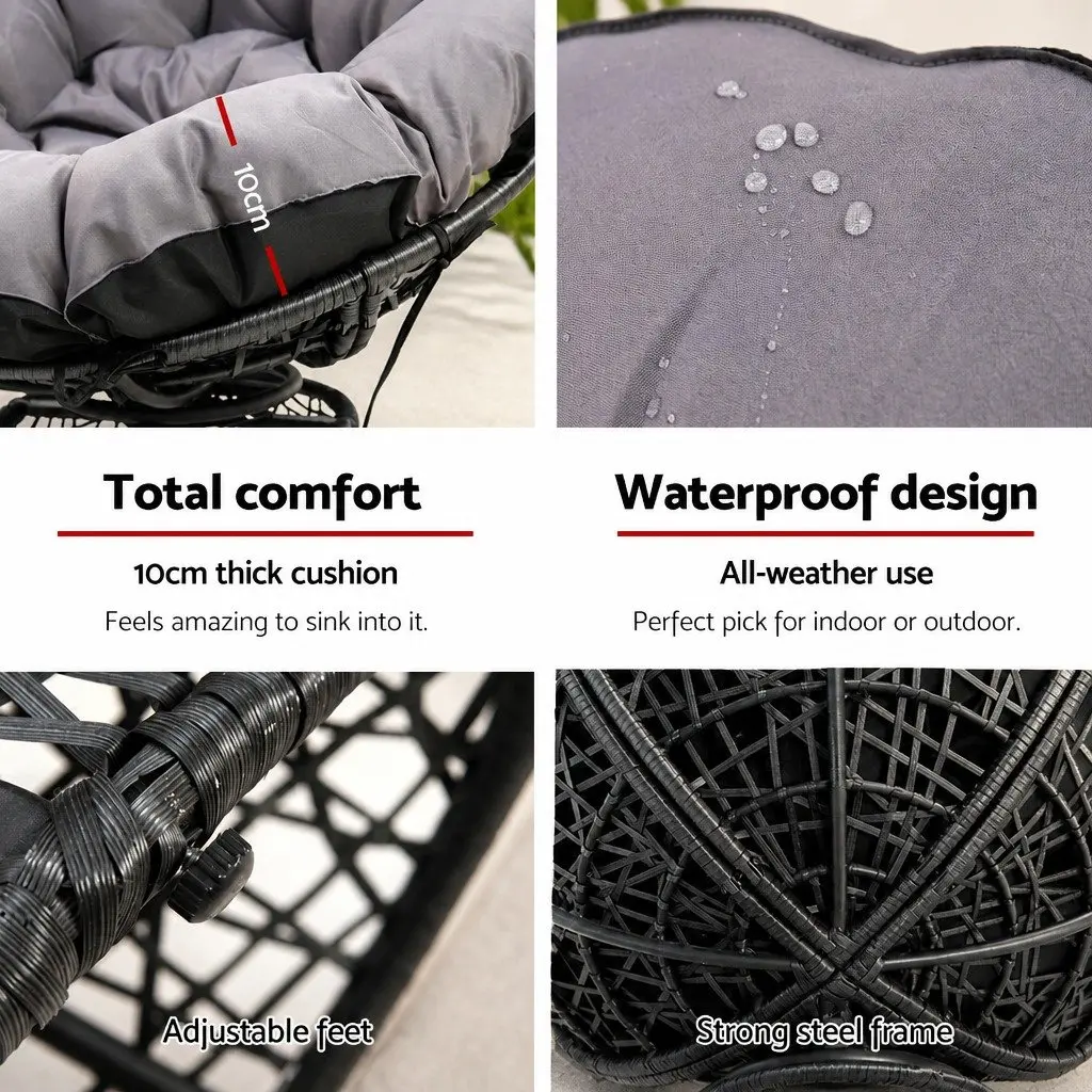 Papasan Chair and Side Table Set Outdoor Wicker Lounge Furniture Black