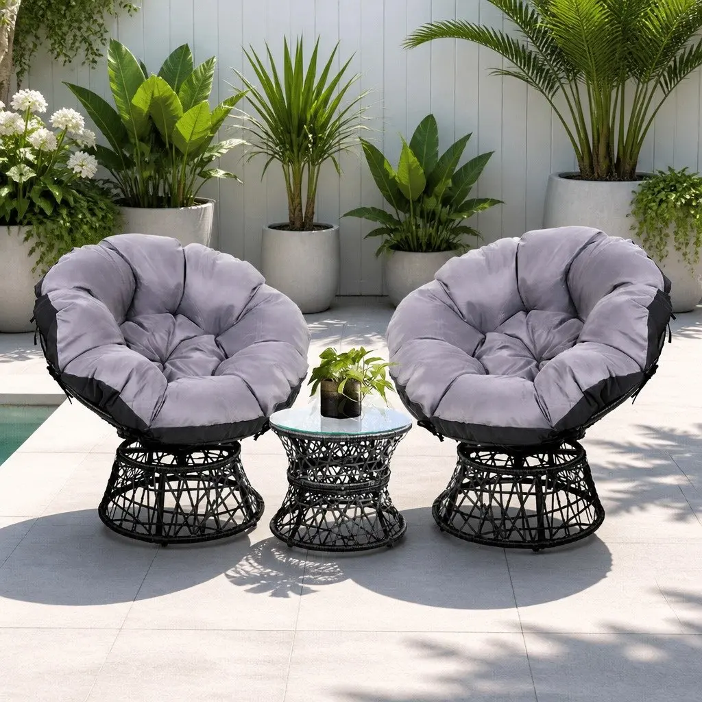 Papasan Chair and Side Table Set Outdoor Wicker Lounge Furniture Black