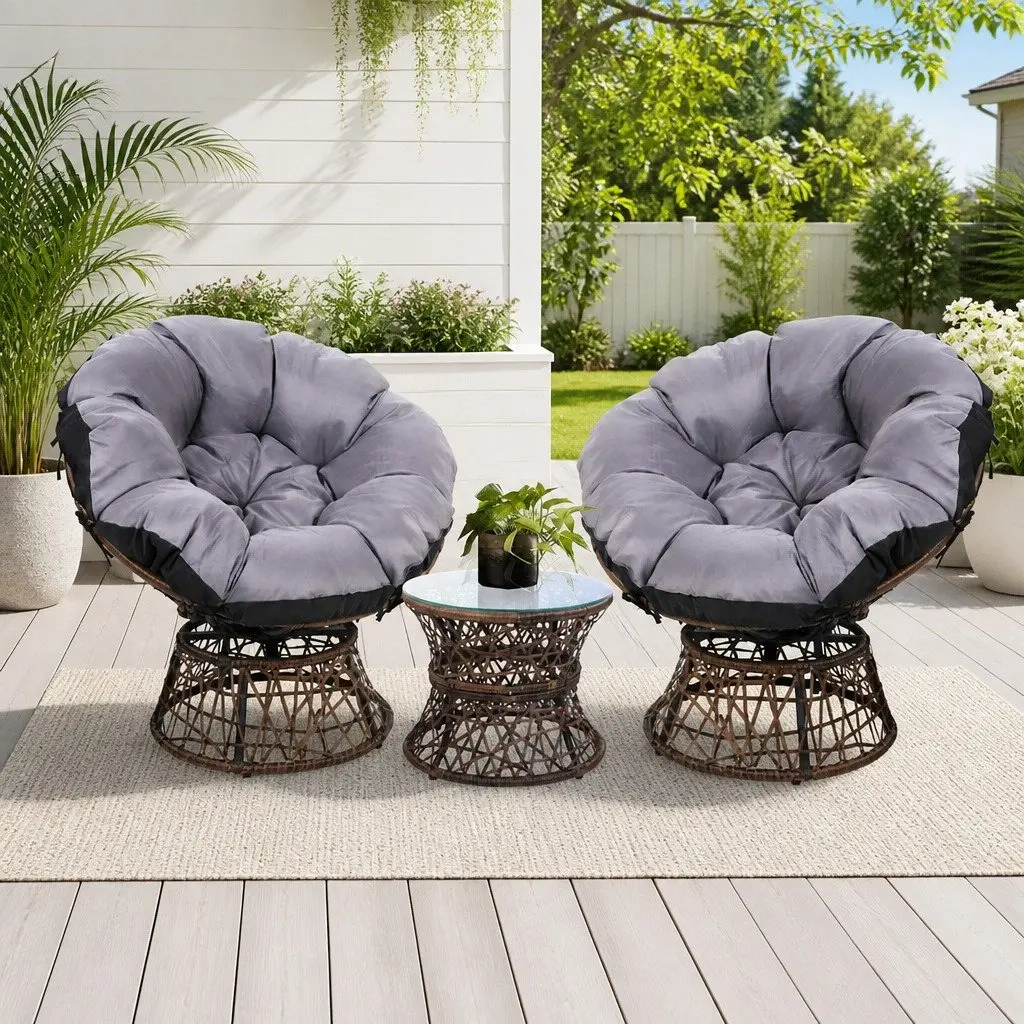 Outdoor Papasan Chair Side Table Setting Wicker Patio Furniture Brown 2-Piece