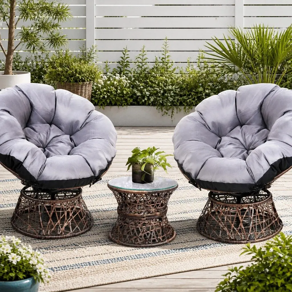 Outdoor Papasan Chair Side Table Setting Wicker Patio Furniture Brown 2-Piece