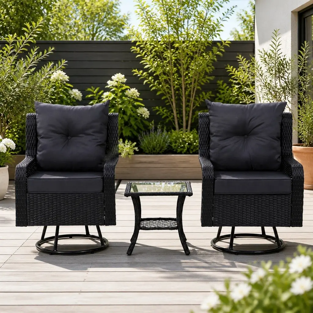 3 Piece Outdoor Swivel Chair Bistro Set Wicker Lounge Furniture Glass Table