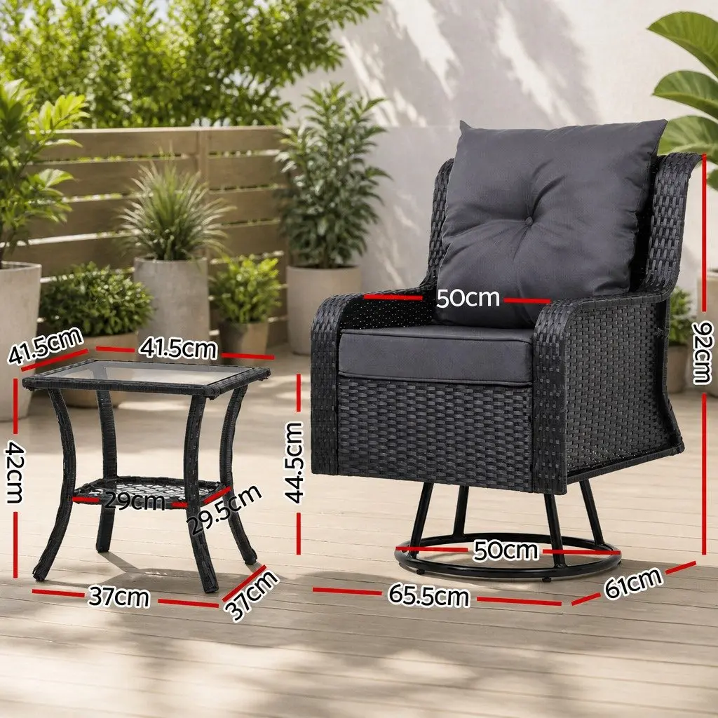 3 Piece Outdoor Swivel Chair Bistro Set Wicker Lounge Furniture Glass Table