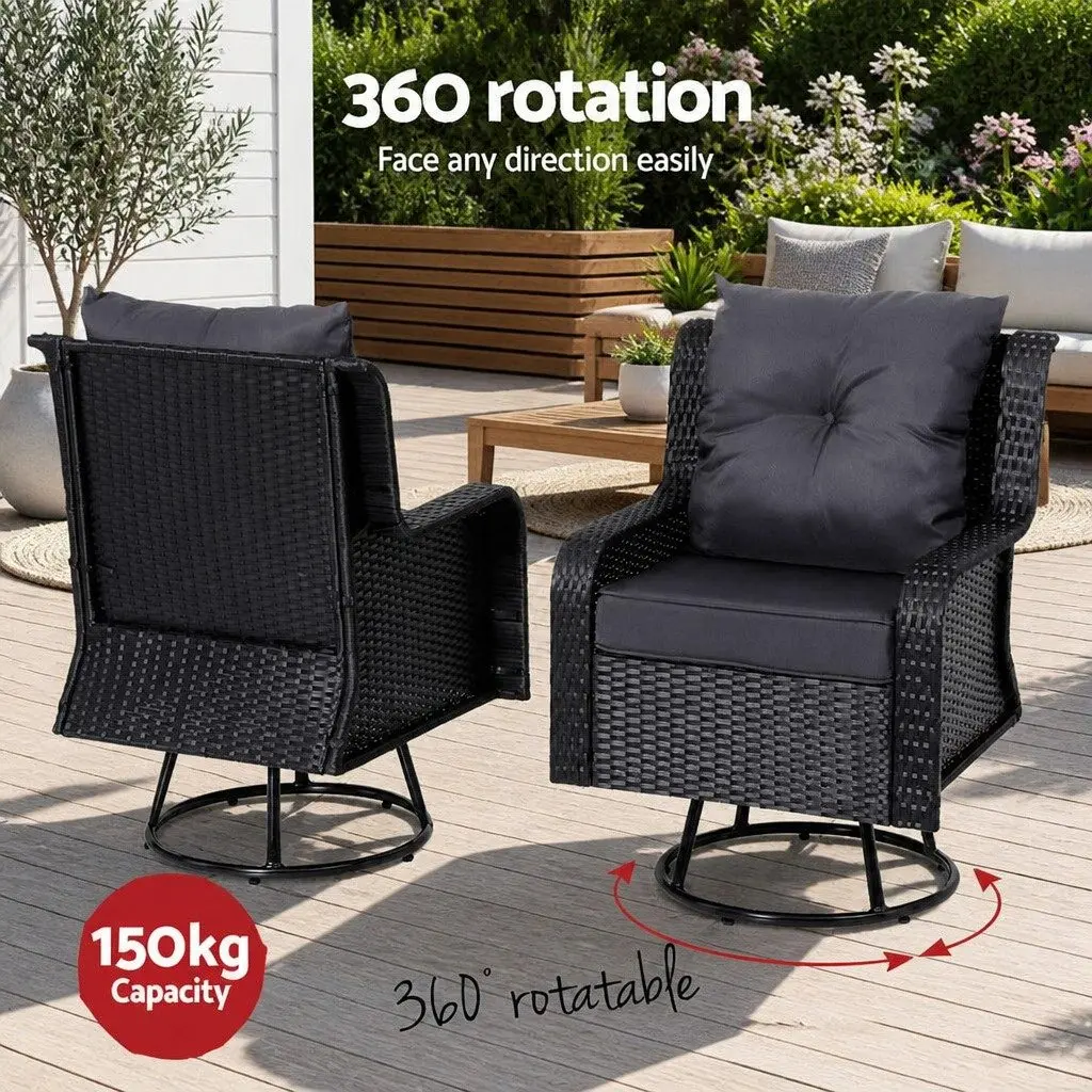 3 Piece Outdoor Swivel Chair Bistro Set Wicker Lounge Furniture Glass Table