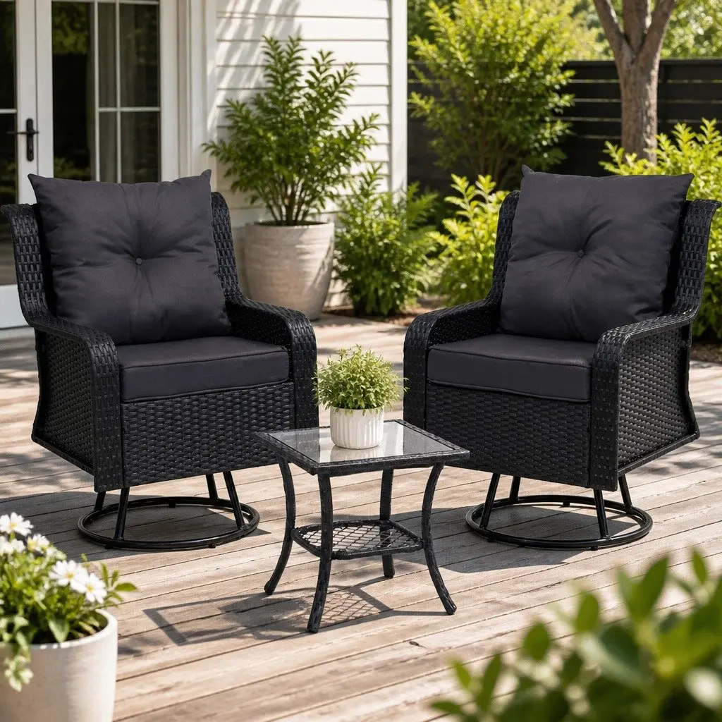 3 Piece Outdoor Swivel Chair Bistro Set Wicker Lounge Furniture Glass Table