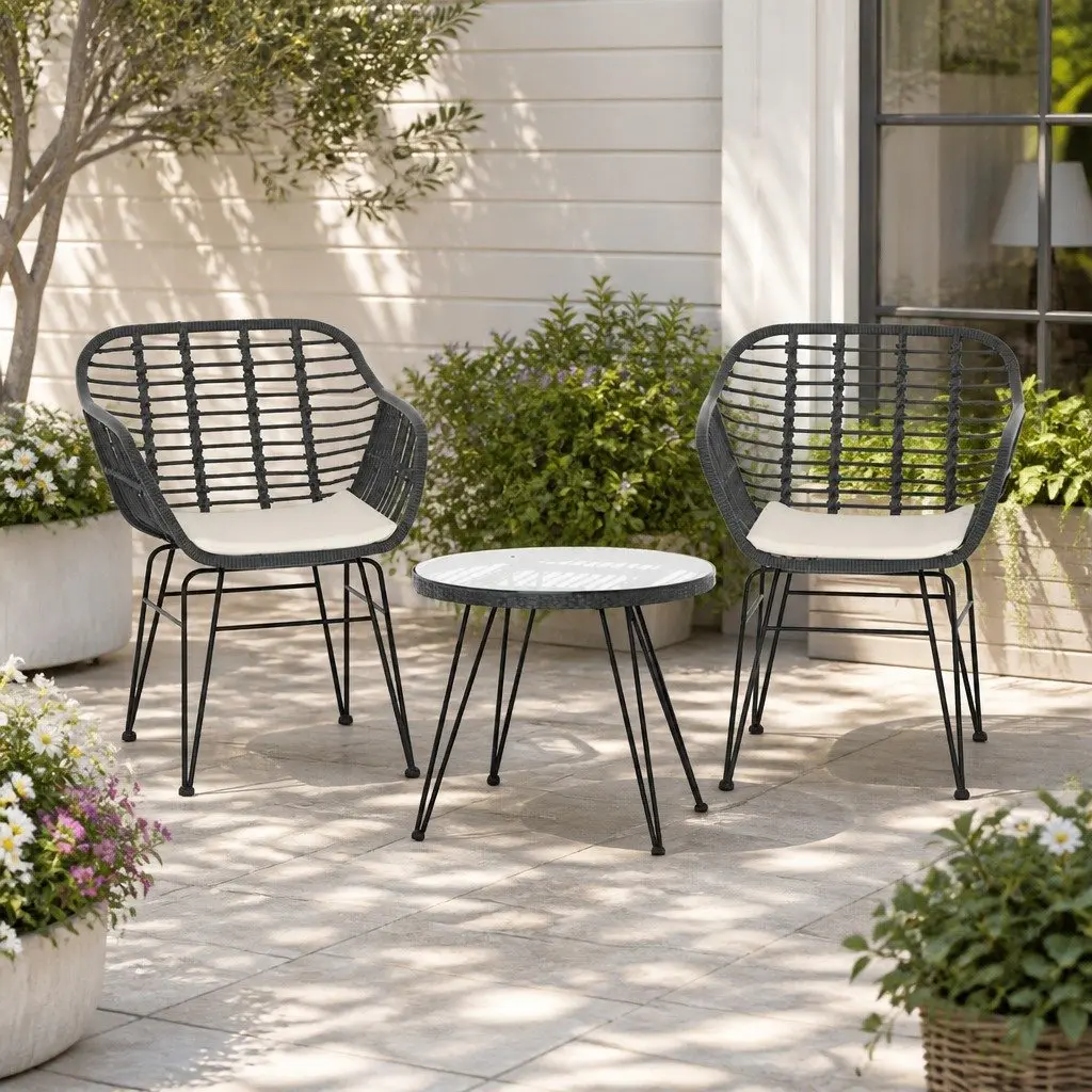 3-Piece Outdoor Lounge Setting Bistro Patio Furniture Set with Cushions Grey