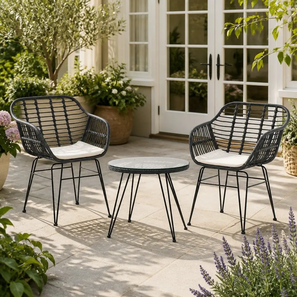 3-Piece Outdoor Lounge Setting Bistro Patio Furniture Set with Cushions Grey