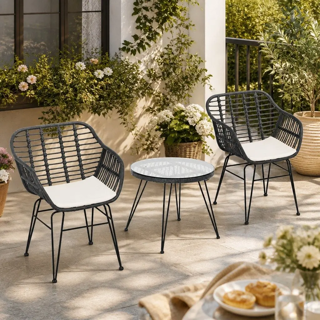 3-Piece Outdoor Lounge Setting Bistro Patio Furniture Set with Cushions Grey