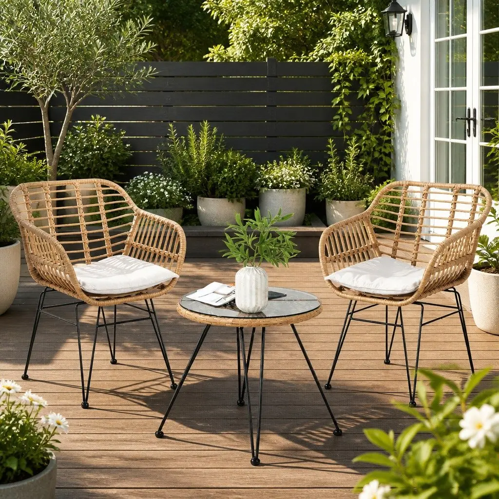 3PC Outdoor Bistro Set Lounge Furniture PE Wicker Steel Frame Cushions Oak